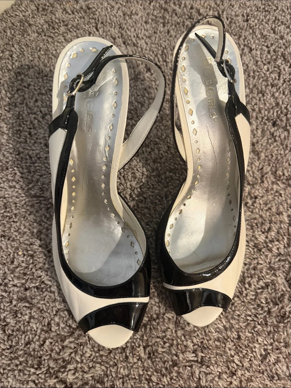 BCB GIRLS Two-Tone Black and White Slingback Peep-Toe Heels